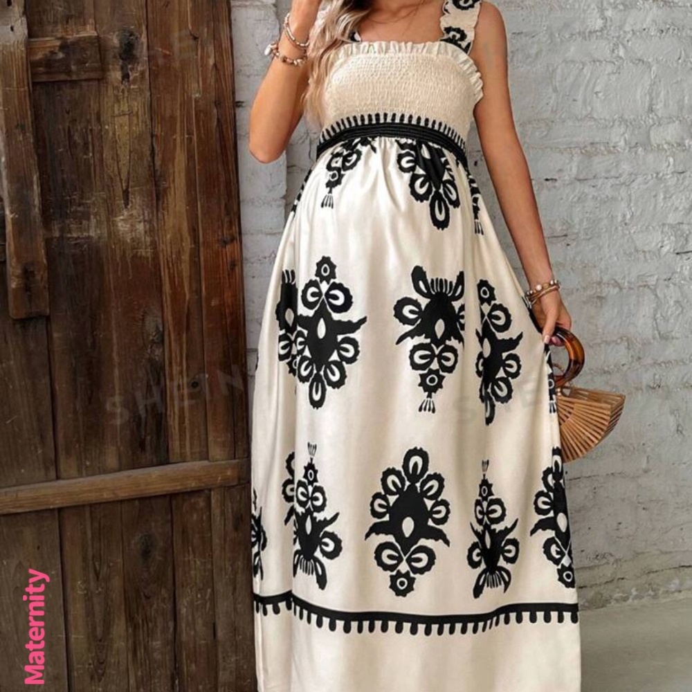 SHEIN Maternity Vacation Style Full Print Shirred Bodice Summer Dress